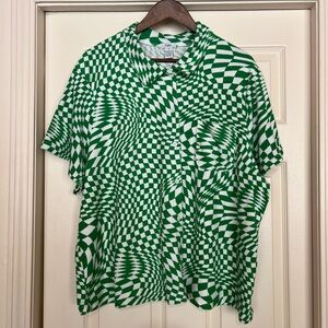 rue21 Plus Size 3X Green White Geometric Cotton terry Button-Up Shirt